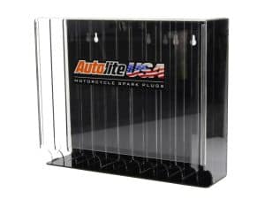 AutoLite USA motorcycle spark plug display case, durable acrylic show stand for spark plugs, Revelry Motorcycles accessories.