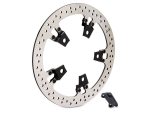 High-performance motorcycle brake rotor with mounting hardware for Revelry Motorcycles.