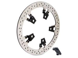 High-performance motorcycle brake rotor with mounting hardware for Revelry Motorcycles.