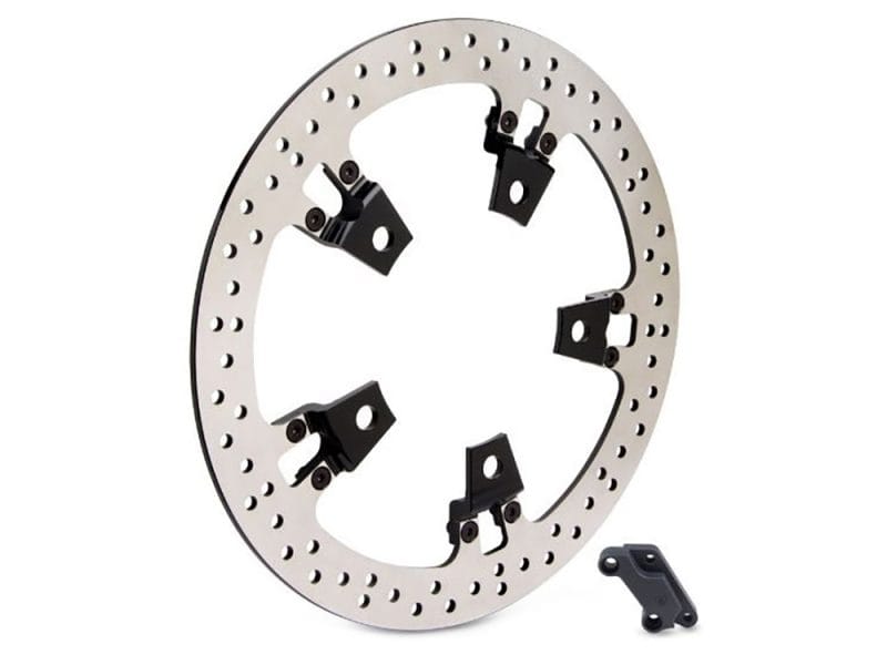 High-performance motorcycle brake rotor with mounting hardware for Revelry Motorcycles.