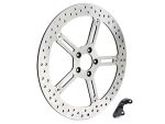 Aluminium motorcycle brake disc with mount, suitable for custom motorcycle builds.