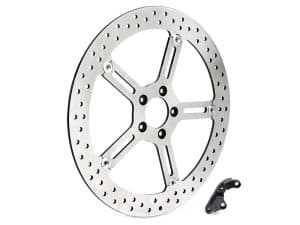Aluminium motorcycle brake disc with mount, suitable for custom motorcycle builds.
