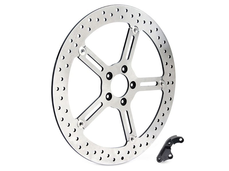 15in. Left Hand Front Big Brake Disc Rotor. Fits Softail 2015-2017 & Dyna 2006-2017. Aluminium motorcycle brake disc with mount, suitable for custom motorcycle builds.
