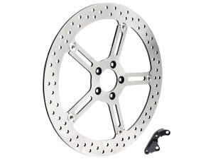 Aluminium motorcycle brake rotor with mounting hardware, suitable for custom bikes.