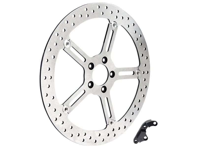 15in. Right Hand Front Big Brake Disc Rotor. Fits Softail 2015-2017 & Dyna 2006-2017. Aluminium motorcycle brake rotor with mounting hardware, suitable for custom bikes.