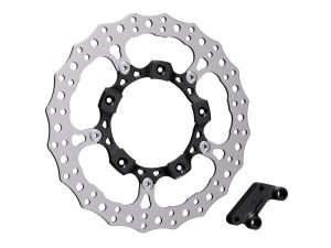 High-performance motorcycle disc brake rotor with mounting hardware for Revelry Motorcycles.
