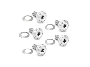 Aluminium motorcycle sprocket bolts with washers, compatible with Revelry Motorcycles custom builds.