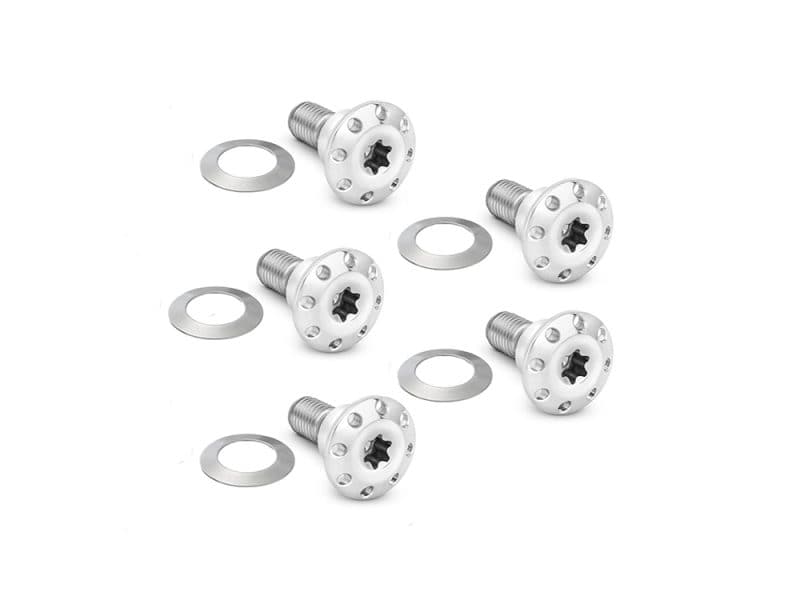 Aluminium motorcycle sprocket bolts with washers, compatible with Revelry Motorcycles custom builds.