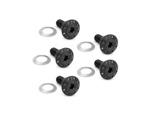 Three black motorcycle axle sliders with silver washers for Revelry Motorcycles.