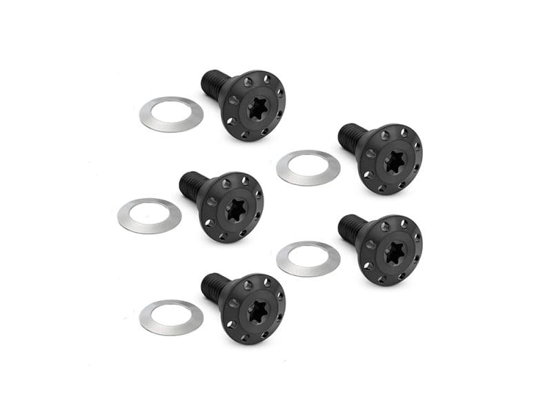 Titanium Front Disc Rotor Bolts - Black. Fits Dyna 2006-2017 & V-Rod 2002-2017 Three black motorcycle axle sliders with silver washers for Revelry Motorcycles.