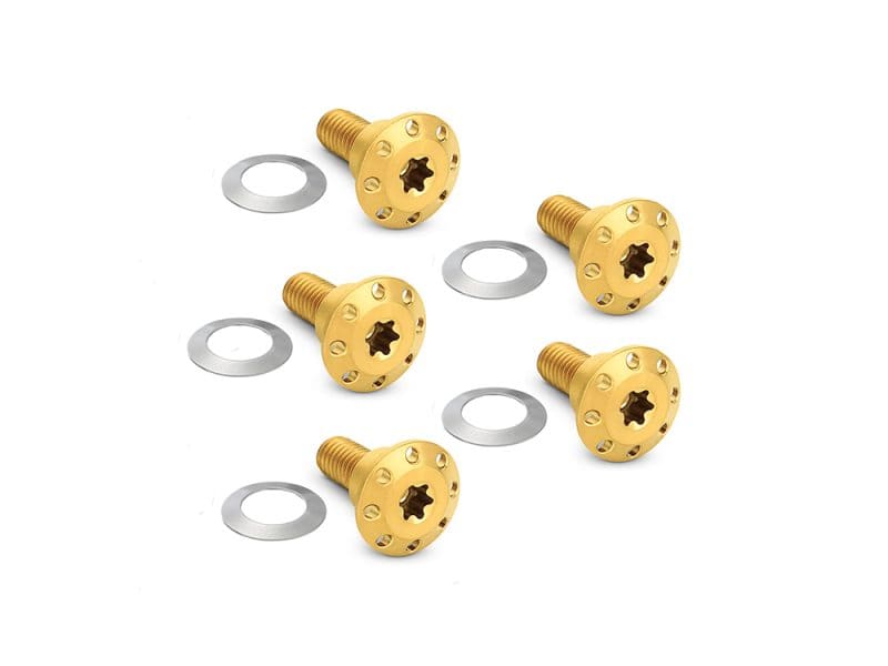 Titanium Front Disc Rotor Bolts - Gold. Fits Dyna 2006-2017 & V-Rod 2002-2017 Gold motorcycle valve caps and washers for bike tyre valve protection and style.