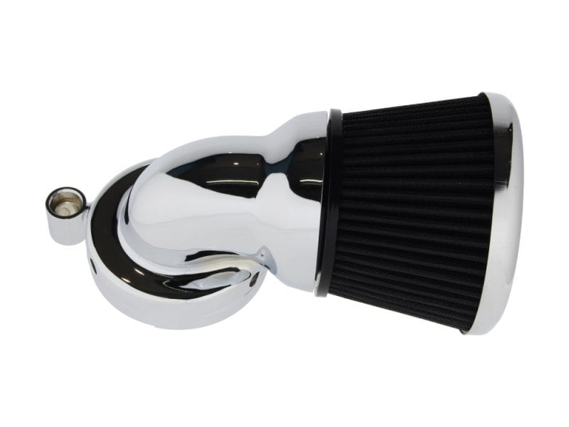 Polished chrome motorcycle air filter with black intake filter element.