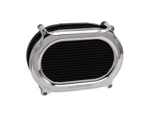 High-performance motorcycle radiator guard with polished chrome finish, designed for Revelry Motorcycles.
