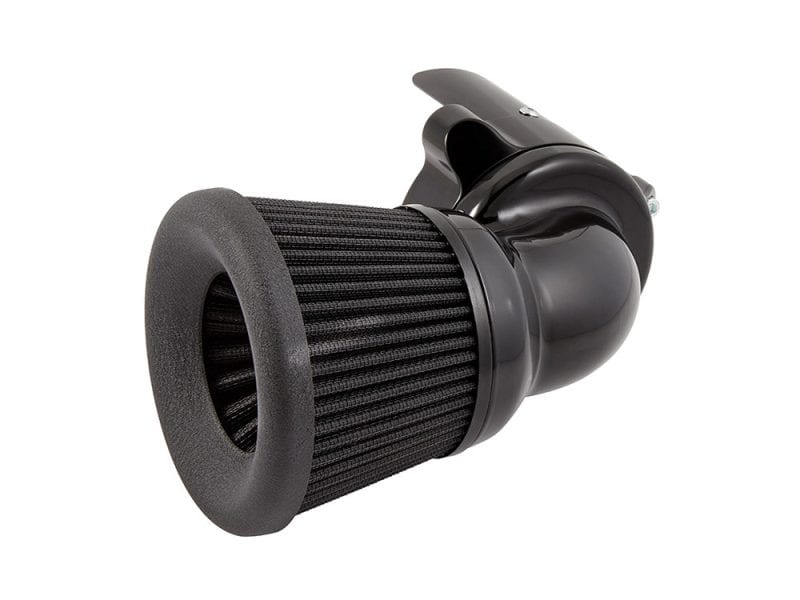 90 Degree Velocity Air Cleaner Kit - Black. Fits Indian Touring & Cruiser 2014up with 111ci or 116ci Thunderstroke Engines. High-performance motorcycle air filter for Revelry Motorcycles, enhancing engine airflow and power.