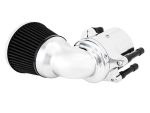 High-performance motorcycle air intake with chrome finish and black air filter.