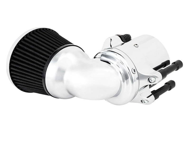 High-performance motorcycle air intake with chrome finish and black air filter.