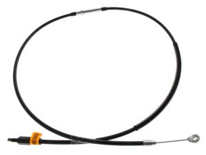 Heavy-duty motorcycle brake line with steel braided hose, black finish for durability.