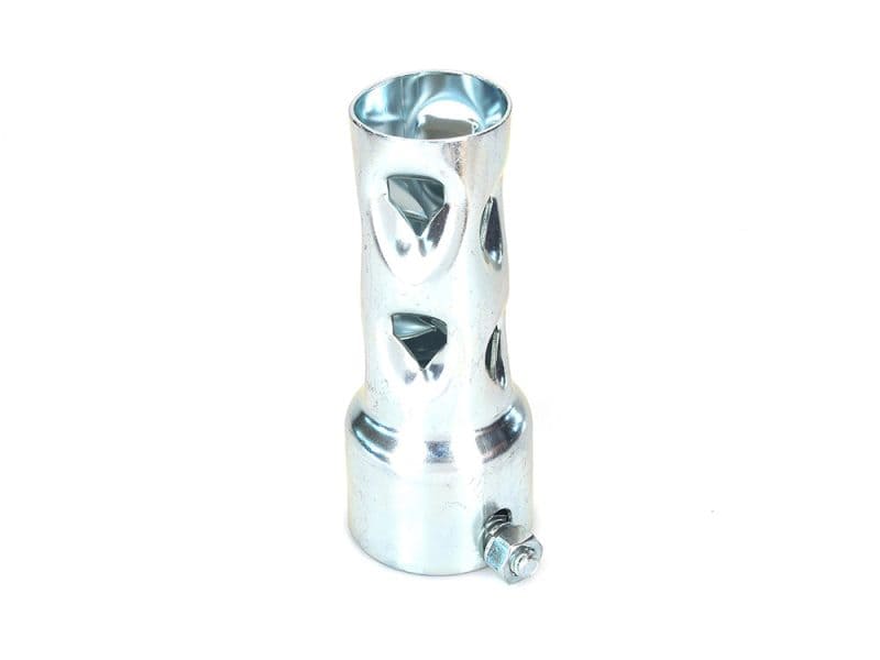 Aluminium motorcycle muffler with cutout design for enhanced sound and performance.