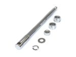 Highly polished motorcycle fork axle shaft with spacers and nuts for custom bikes.