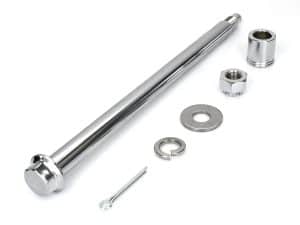 Chromed motorcycle fork axle with spacers and nut for Revelry Motorcycles enthusiasts.