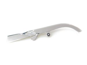 Shovel-head motorcycle kickstand, chrome finish, for Harley Davidson bikes.