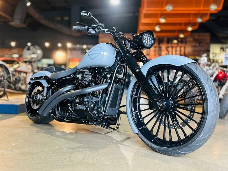 Custom black and grey motorcycle with massive front wheel at Revelry Motorcycles, Australian bike dealer.