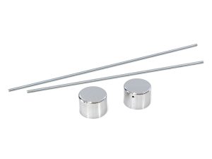 Smooth chrome motorcycle tank caps with mounting hardware for Revelry Motorcycles.