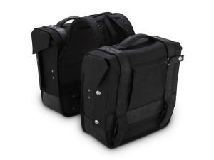 Durable black motorcycle saddlebags for premium touring and storage.