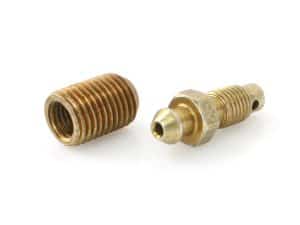 Brass motorcycle brake or fuel fittings, high-quality components for Revelry Cycles.