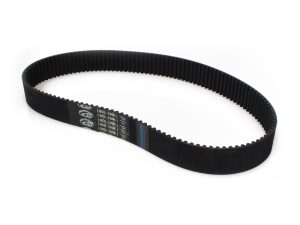 Flexible black motorcycle drive belt for Revelry Motorcycles, durable and high-performance part.