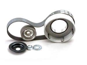 High-performance motorcycle timing belt kit with gears and tensioners for Revelry Motorcycles.