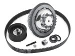 Timing belt kit for motorcycle engines with metallic sprockets and rubber belts.