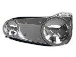 Polished chrome motorcycle headlight with futuristic design for Revelry Motorcycles.