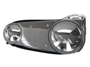 Polished chrome motorcycle headlight with futuristic design for Revelry Motorcycles.