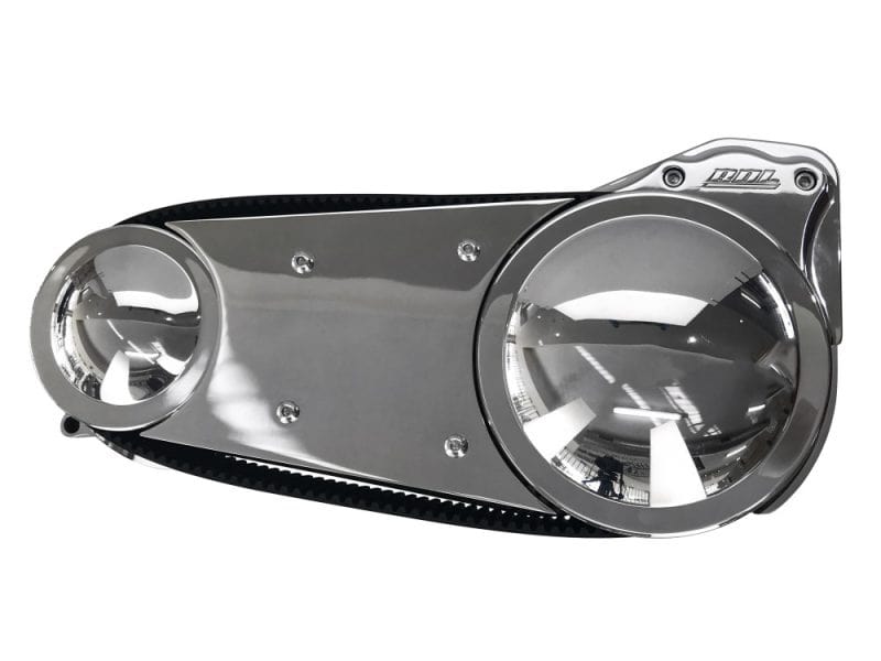 Polished chrome motorcycle headlight with futuristic design for Revelry Motorcycles.