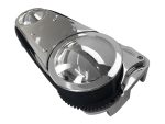 Chrome motorcycle headlight with modern design for Revelry Motorcycles.