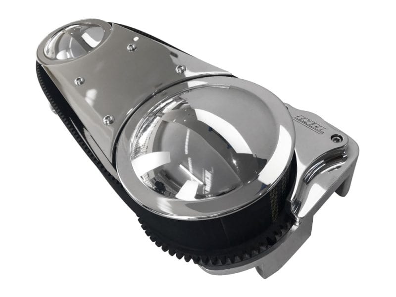 Chrome motorcycle headlight with modern design for Revelry Motorcycles.