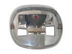 Bright aluminium motorcycle headlight with clear lens and mounting hardware.