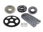 V Twin motorcycle sprockets and chain kit for custom motorcycle builds and replacements.