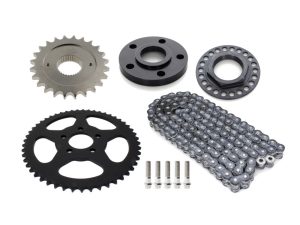 V Twin motorcycle sprockets and chain kit for custom motorcycle builds and replacements.