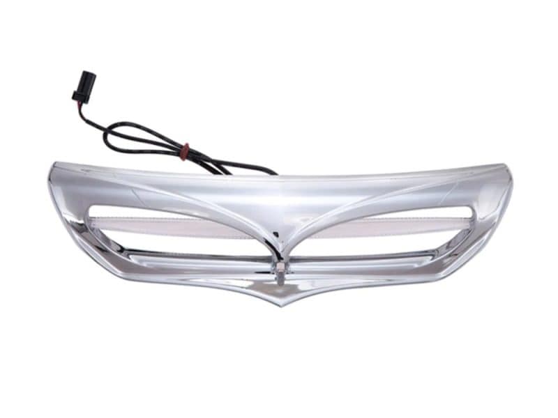 Shiny motorcycle headlight assembly with wiring for Revelry Motorcycles, Australian bike accessories.