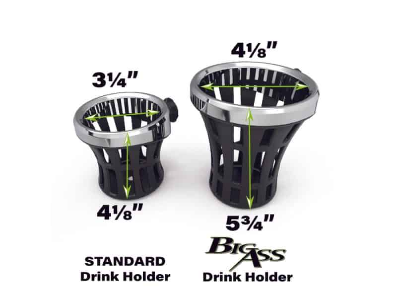 Aluminium motorcycle drink holder with adjustable fit for bikes and cruisers, standard and Big Bass sizes.