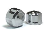 Shiny chrome motorcycle handlebar end caps for Revelry Motorcycles.