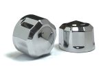 Shiny chrome motorcycle wheel nuts for Revelry Motorcycles. Enhanced style and durability for custom motorcycle builds.