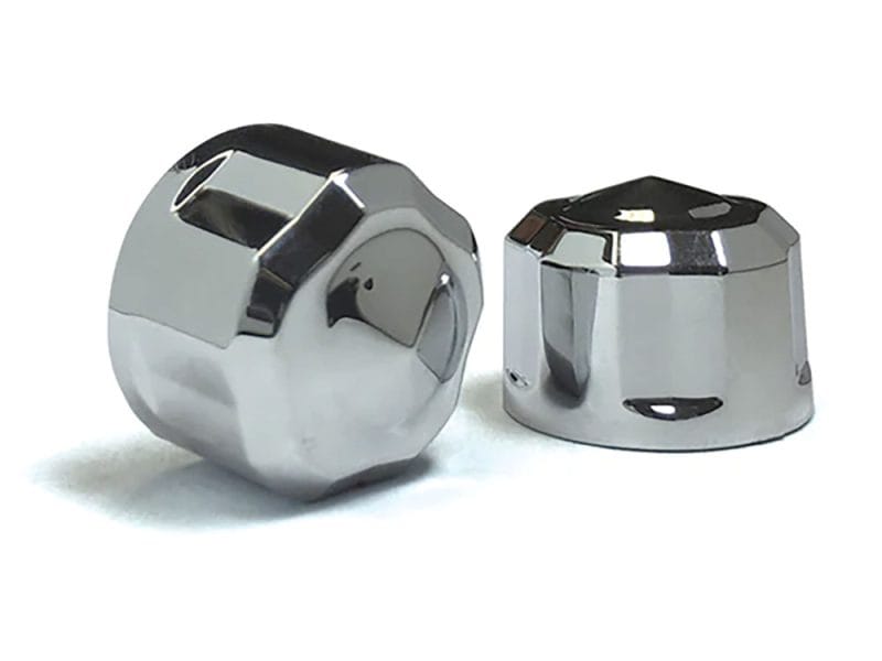 Shiny chrome motorcycle wheel nuts for Revelry Motorcycles. Enhanced style and durability for custom motorcycle builds.