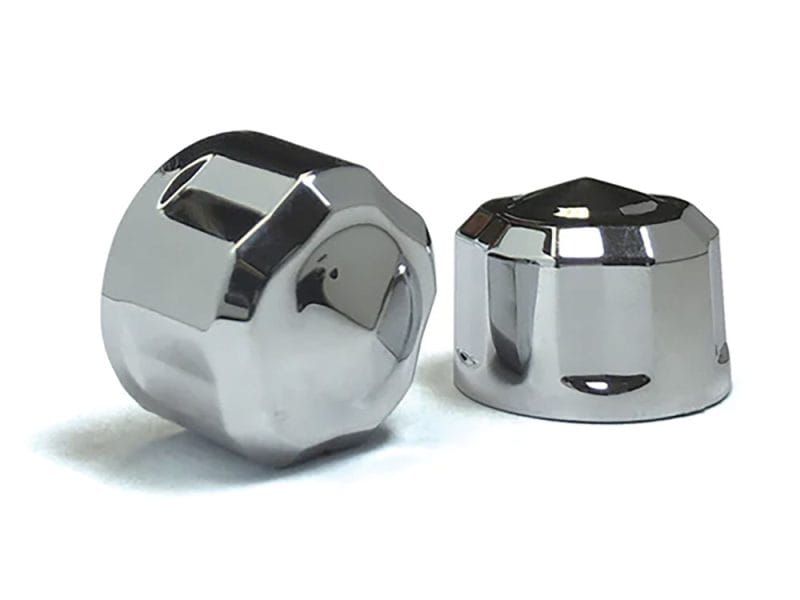 Shiny chrome motorcycle wheel nuts for Revelry Motorcycles, stylish and durable.
