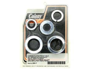 Chrome plated front axle nut, spacers and washers kit for motorcycle maintenance.