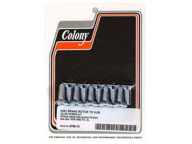Chrome plated alloy screws for motorcycle disc brake rotors, compatible with 1978-1982 FX, XL models.