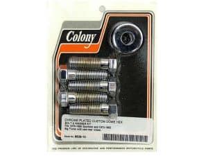 Chrome plated custom dome hex bolt and washer kit for motorcycle wheels.