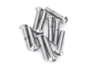 Shiny aluminum screws for motorcycle assembly and repair.